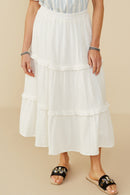 HY9247 Off White Womens Elastic Waist Ruffle Seamed Textured Skirt Front