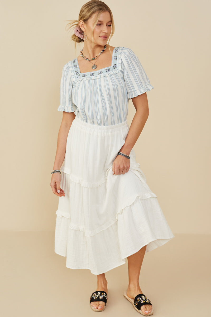 HY9247 Off White Womens Elastic Waist Ruffle Seamed Textured Skirt Back