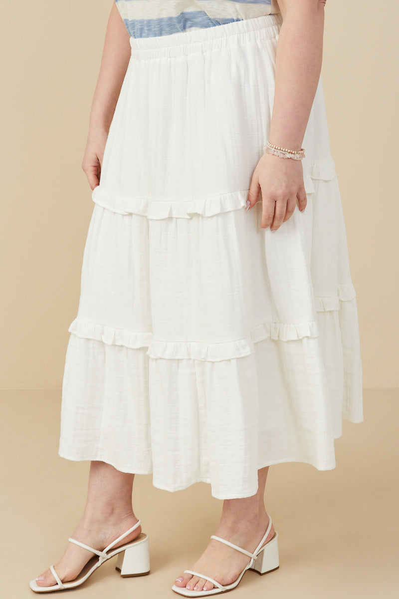 HY9247 Off White Womens Elastic Waist Ruffle Seamed Textured Skirt Full Body