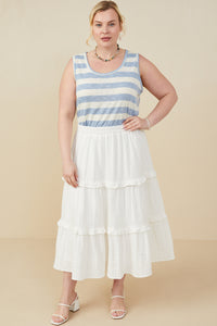 HY9247W Off White Plus Elastic Waist Ruffle Seamed Textured Skirt Side