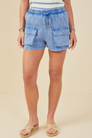 HY9254 Blue Womens Garment Washed Cargo Patch Pocket Knit Shorts Front