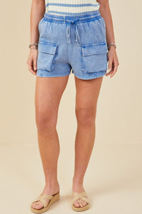 HY9254 Blue Womens Garment Washed Cargo Patch Pocket Knit Shorts Front