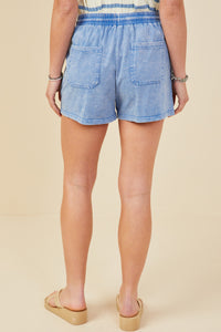 HY9254 Blue Womens Garment Washed Cargo Patch Pocket Knit Shorts Side