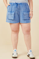 HY9254W Blue Plus Garment Washed Cargo Patch Pocket Knit Shorts Front