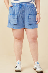 HY9254W Blue Plus Garment Washed Cargo Patch Pocket Knit Shorts Front