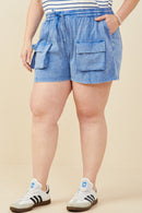 HY9254 Pink Womens Garment Washed Cargo Patch Pocket Knit Shorts Front