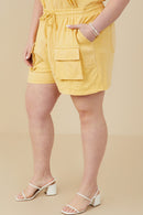 HY9254 Yellow Womens Garment Washed Cargo Patch Pocket Knit Shorts Side