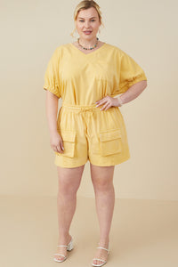 HY9254W Yellow Plus Garment Washed Cargo Patch Pocket Knit Shorts Side