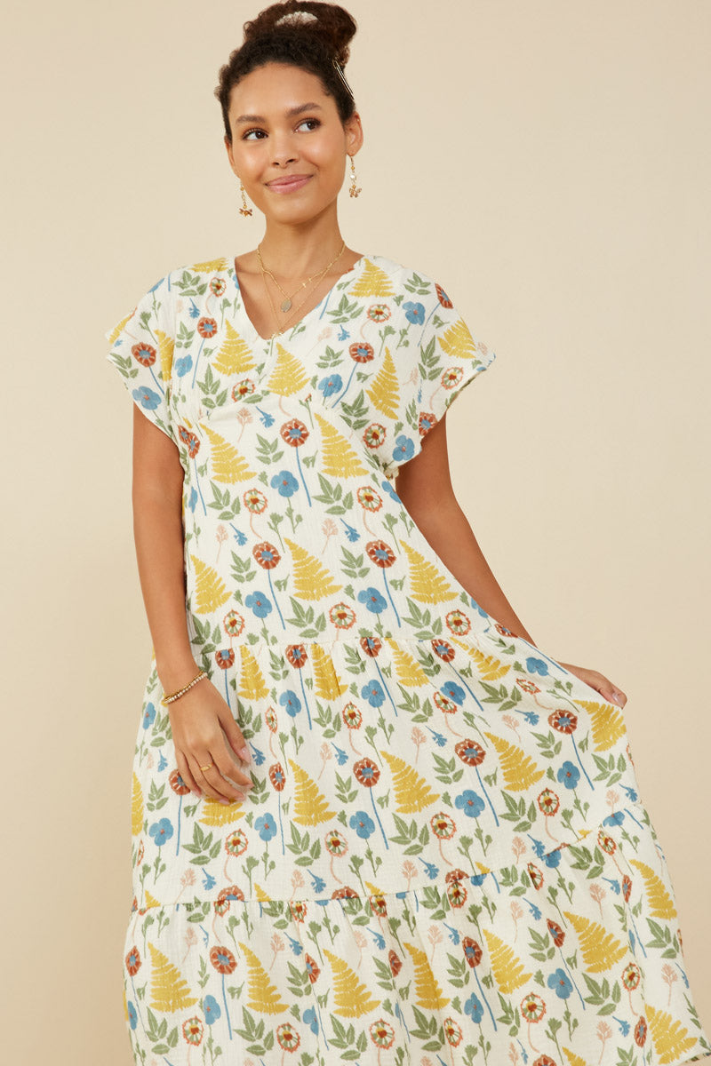 HY9255 Mustard Womens Botanical Print V Neck Gauze Textured Dress Gif