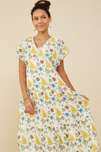 HY9255 Mustard Womens Botanical Print V Neck Gauze Textured Dress Gif