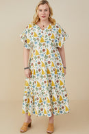 HY9255W Mustard Plus Botanical Print V Neck Gauze Textured Dress Front