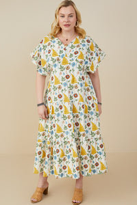 HY9255W Mustard Plus Botanical Print V Neck Gauze Textured Dress Front