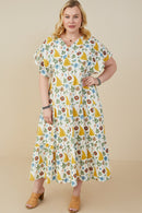 HY9255 Mustard Womens Botanical Print V Neck Gauze Textured Dress Back