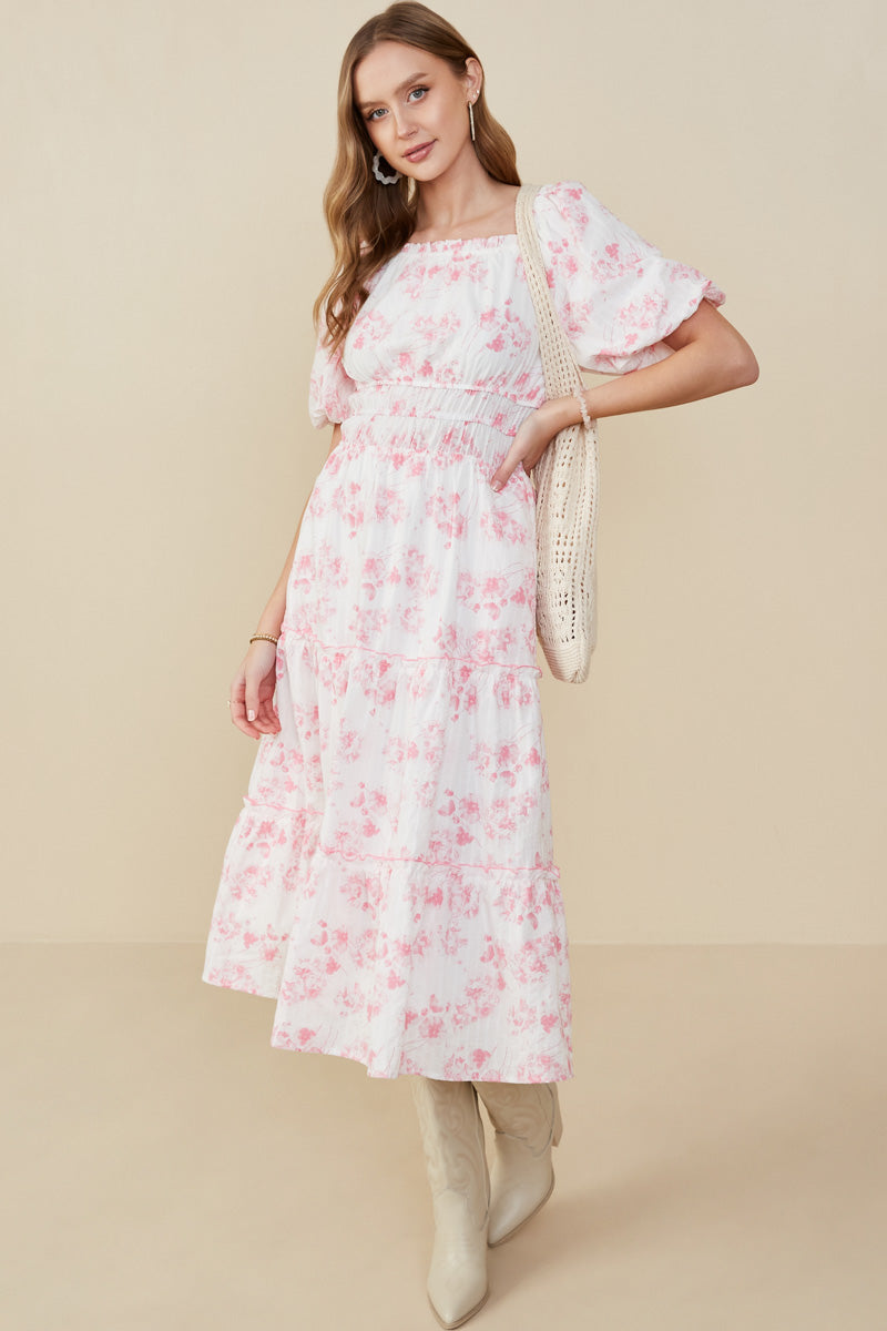 Textured Floral V Neck Smocked Waist Dress