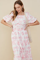 HY9258 Pink Womens Textured Floral Smocked Waist Dress Gif