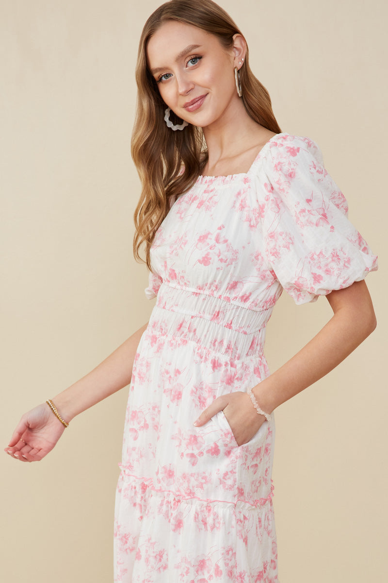 HY9258 Pink Womens Textured Floral Smocked Waist Dress Front