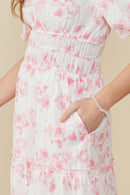 HY9258 Pink Womens Textured Floral Smocked Waist Dress Side