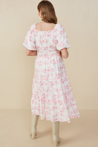 HY9258 Pink Womens Textured Floral Smocked Waist Dress Detail