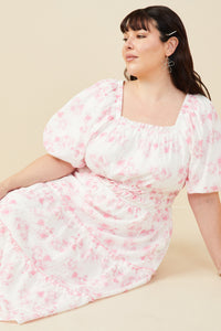 HY9258W Pink Plus Textured Floral V Neck Smocked Waist Dress Pose