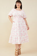 HY9258 Pink Womens Textured Floral Smocked Waist Dress Back