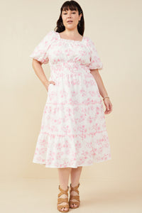 HY9258 Pink Womens Textured Floral Smocked Waist Dress Back