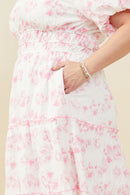 HY9258W Pink Plus Textured Floral V Neck Smocked Waist Dress Gif