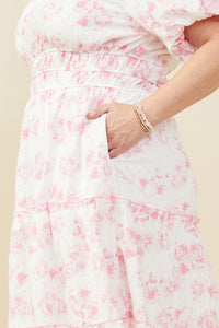 HY9258W Pink Plus Textured Floral V Neck Smocked Waist Dress Gif