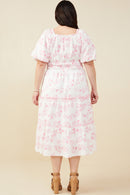 HY9258W Pink Plus Textured Floral V Neck Smocked Waist Dress Full Body