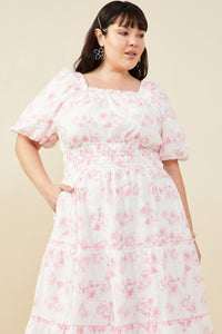 HY9258W Pink Plus Textured Floral V Neck Smocked Waist Dress Detail