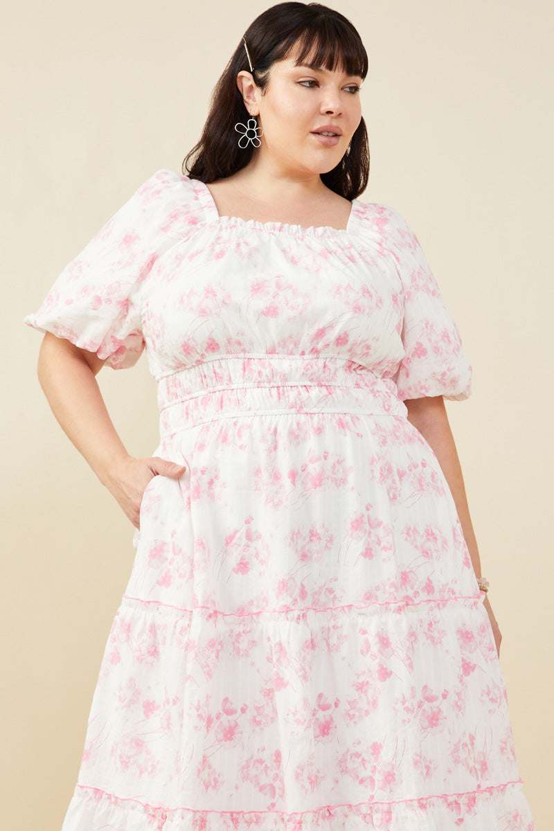 HY9258W Pink Plus Textured Floral V Neck Smocked Waist Dress Detail
