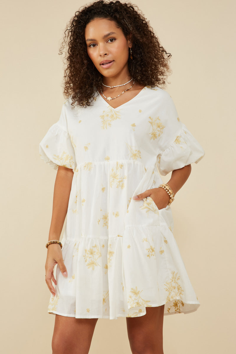 Floral Embroidered Bubble Sleeve V Neck Dress