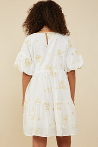 HY9261 Off White Womens Floral Embroidered Bubble Sleeve V Neck Dress Detail