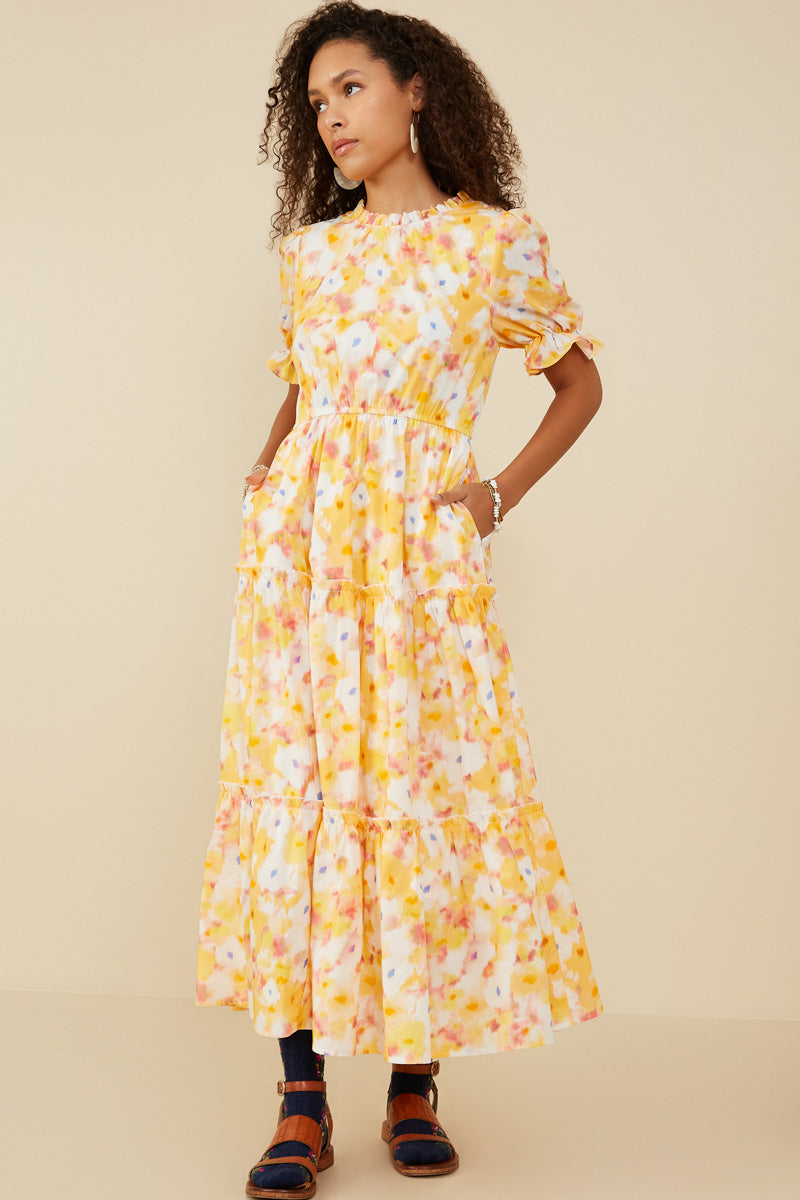 Bright Floral Ruffle Neck Tiered Dress
