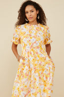 HY9265 Yellow Womens Bright Floral Ruffle Neck Tiered Dress Gif