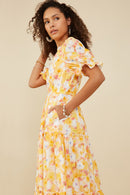 HY9265 Yellow Womens Bright Floral Ruffle Neck Tiered Dress Front