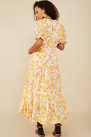 HY9265 Yellow Womens Bright Floral Ruffle Neck Tiered Dress Side