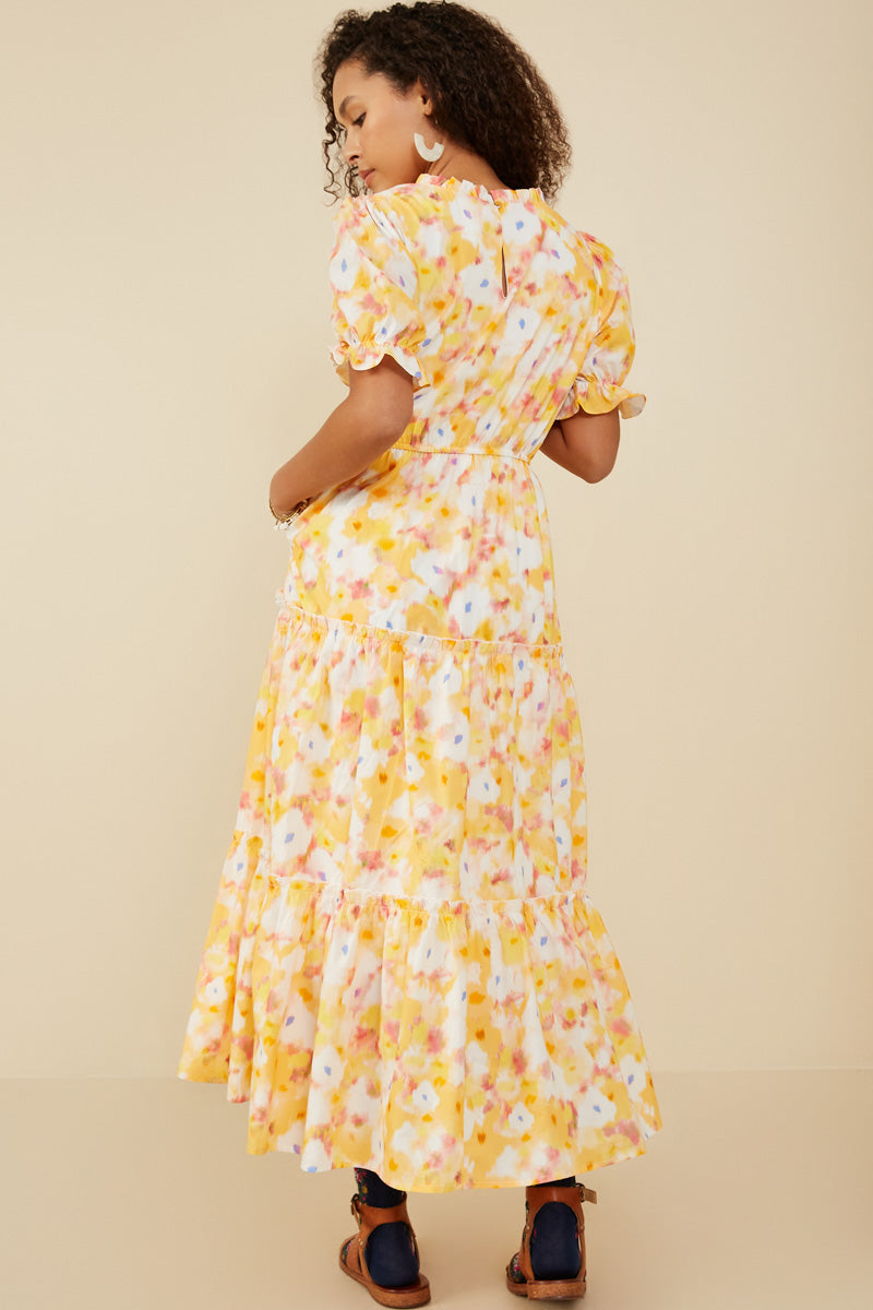 HY9265 Yellow Womens Bright Floral Ruffle Neck Tiered Dress Side