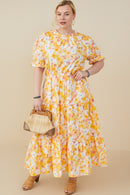 HY9265 Yellow Womens Bright Floral Ruffle Neck Tiered Dress Full Body