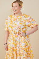 HY9265 Yellow Womens Bright Floral Ruffle Neck Tiered Dress Back