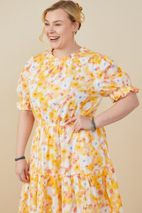 HY9265 Yellow Womens Bright Floral Ruffle Neck Tiered Dress Back