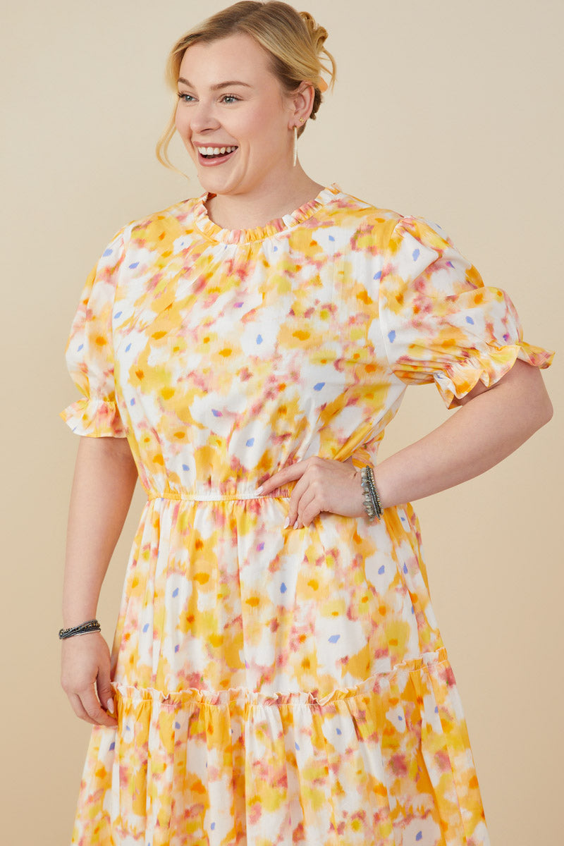 HY9265 Yellow Womens Bright Floral Ruffle Neck Tiered Dress Back