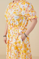 HY9265W Yellow Plus Bright Floral Ruffle Neck Tiered Dress Gif