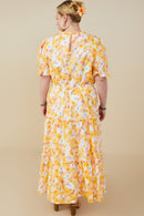 HY9265W Yellow Plus Bright Floral Ruffle Neck Tiered Dress Front