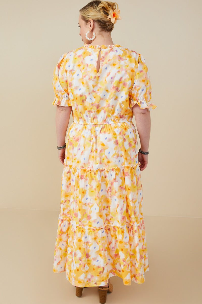 HY9265W Yellow Plus Bright Floral Ruffle Neck Tiered Dress Front