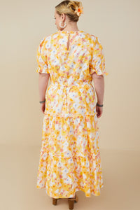 HY9265W Yellow Plus Bright Floral Ruffle Neck Tiered Dress Front