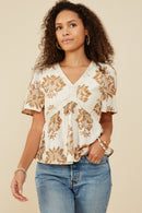 HY9273 Taupe Womens Textured Print Lace Detailed V Neck Top Gif