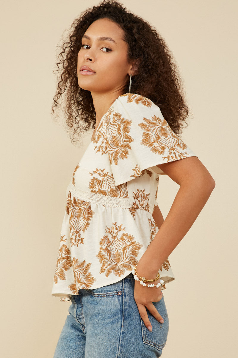 HY9273 Taupe Womens Textured Print Lace Detailed V Neck Top Front