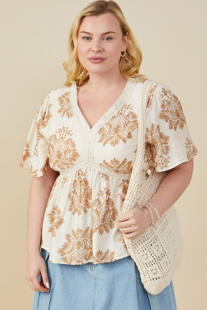 Textured Print Lace Detailed V Neck Top