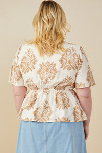 HY9273W Taupe Plus Textured Print Lace Detailed V Neck Top Full Body