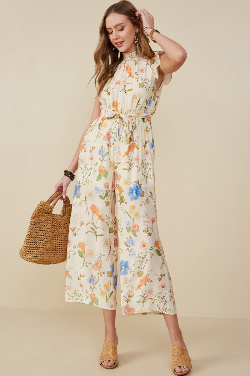 Textured Floral Smock Neck Sleeveless Jumpsuit